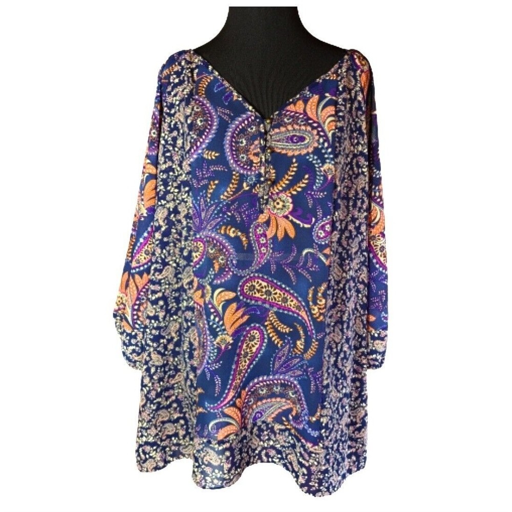 CHAPS by Ralph Lauren Navy Blue / Orange Blouse Womens XL - Peasant Style V-Neck